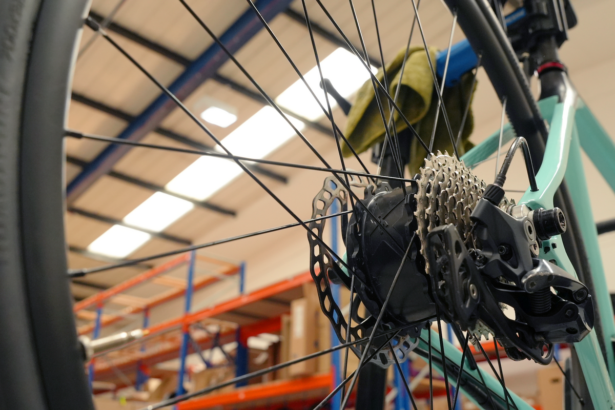 A bike being checked in the Cycle Exchange workshop