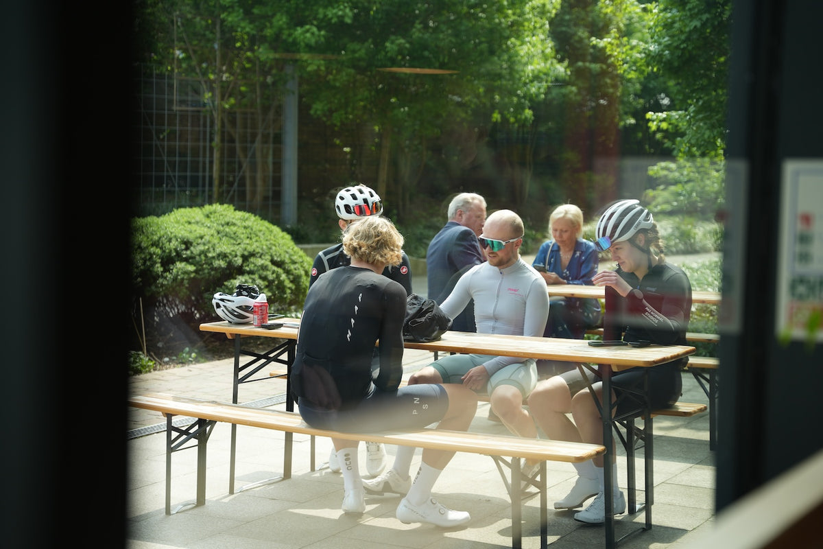 Riders having coffee at the Exchange Café